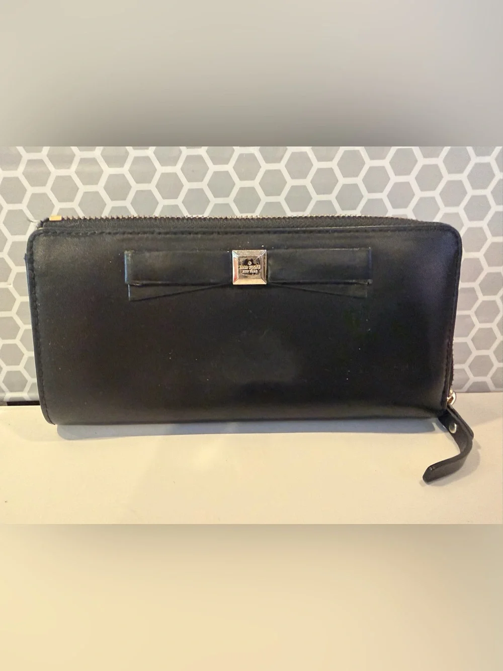 Kate Spade Black Bow Zip-Around Wallet with Gold Logo Plaque